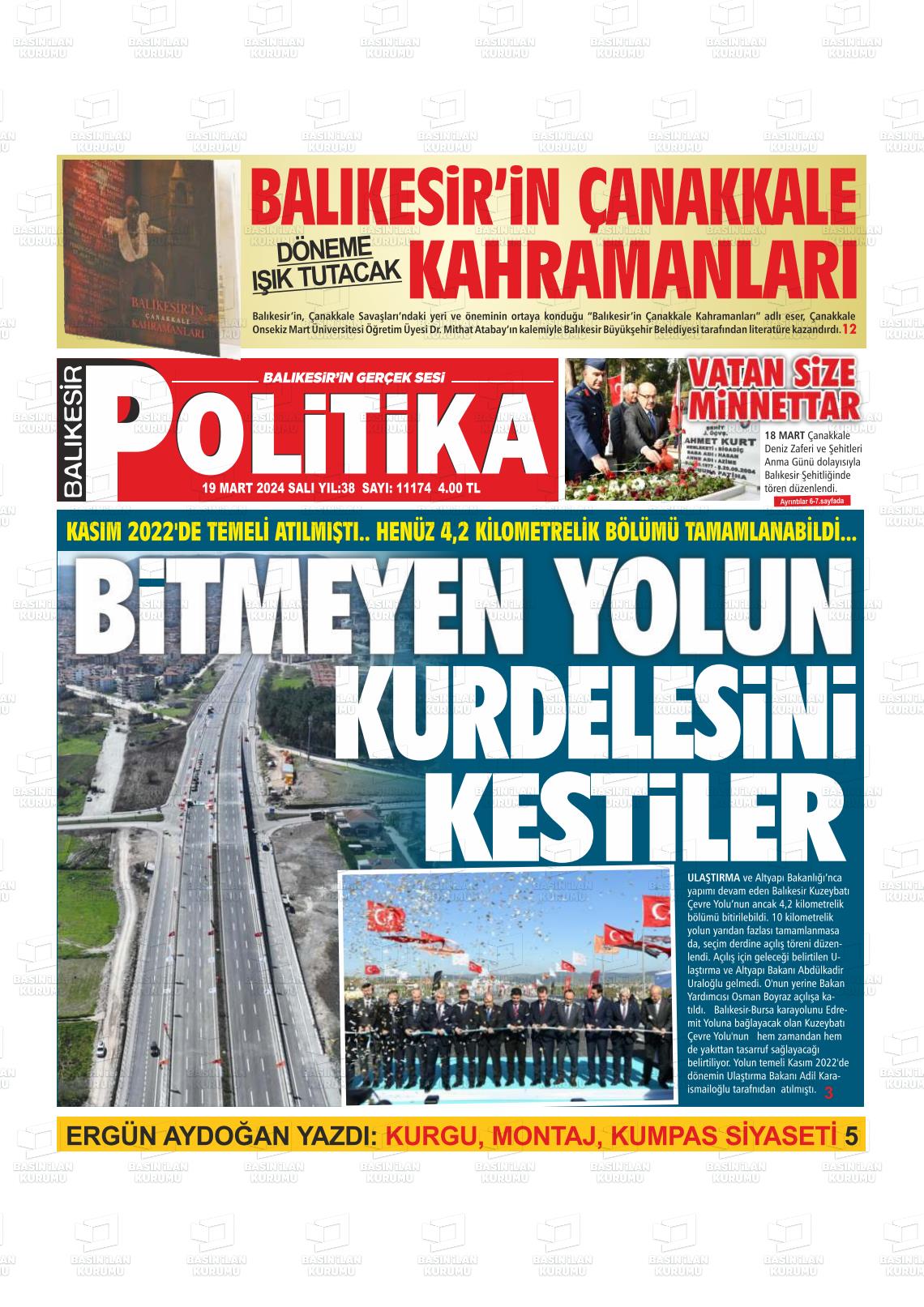 19 Mart 2024 Balıkesir Politika Gazete Manşeti