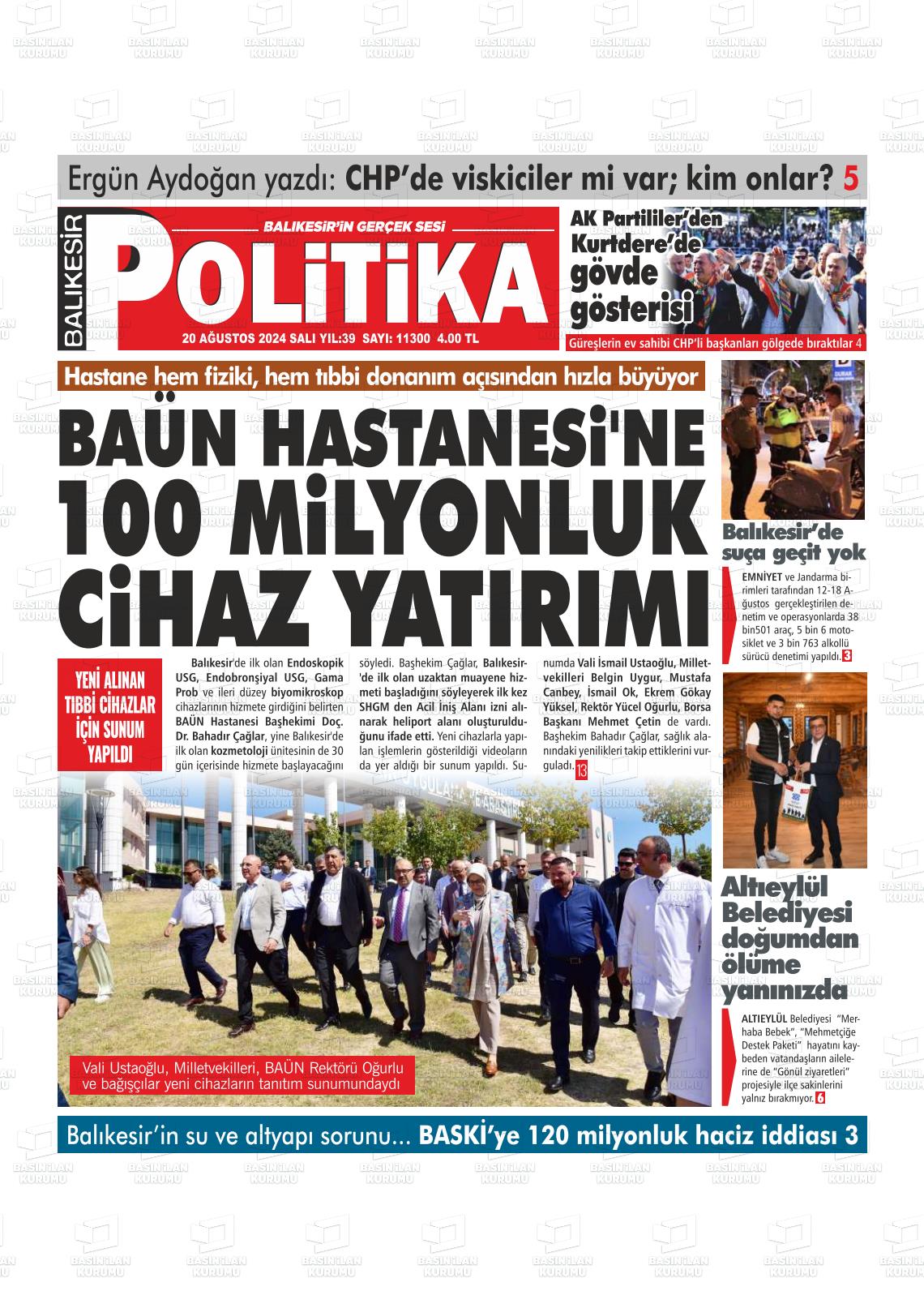 20 Ağustos 2024 Balıkesir Politika Gazete Manşeti