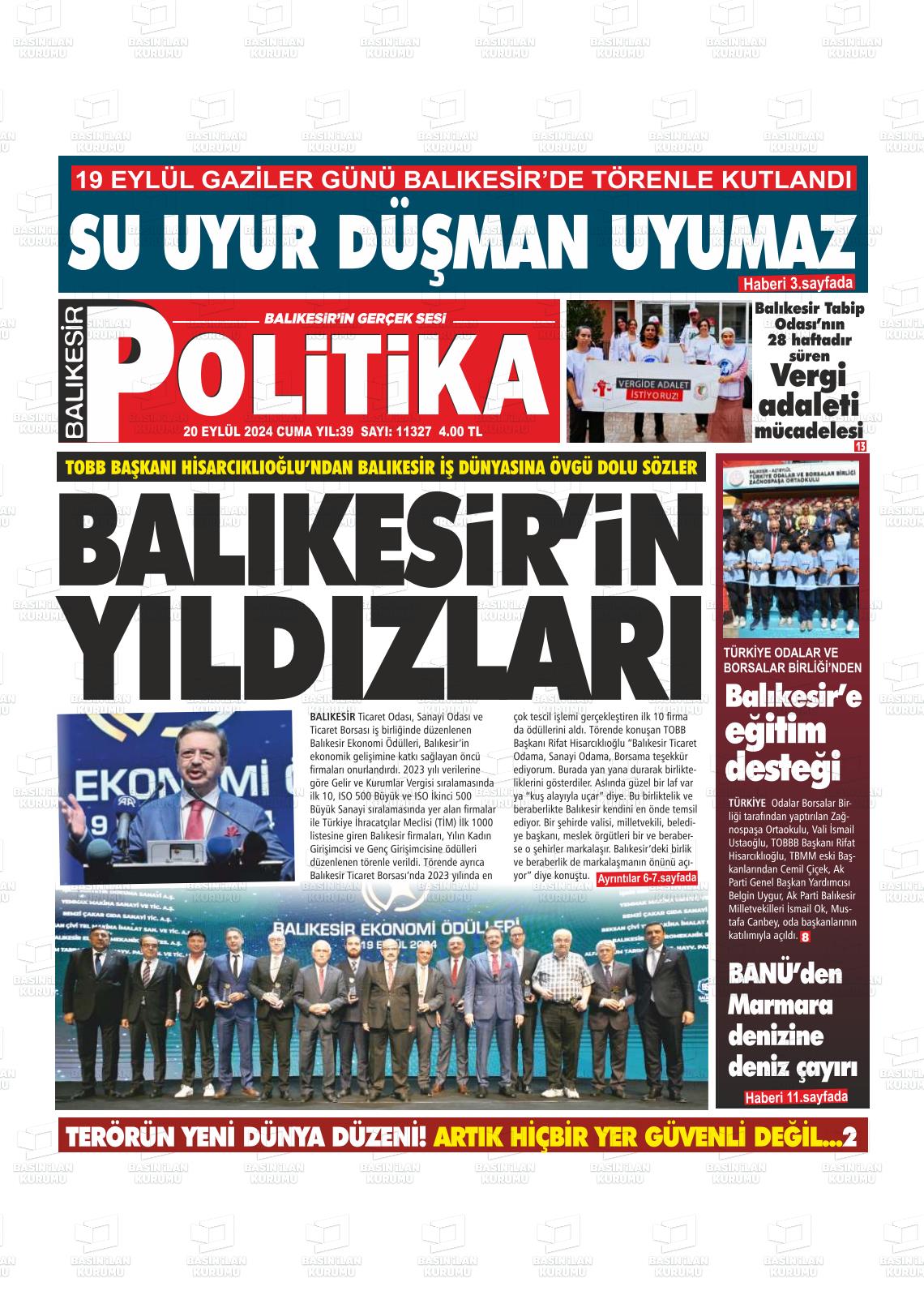 20 Eylül 2024 Balıkesir Politika Gazete Manşeti