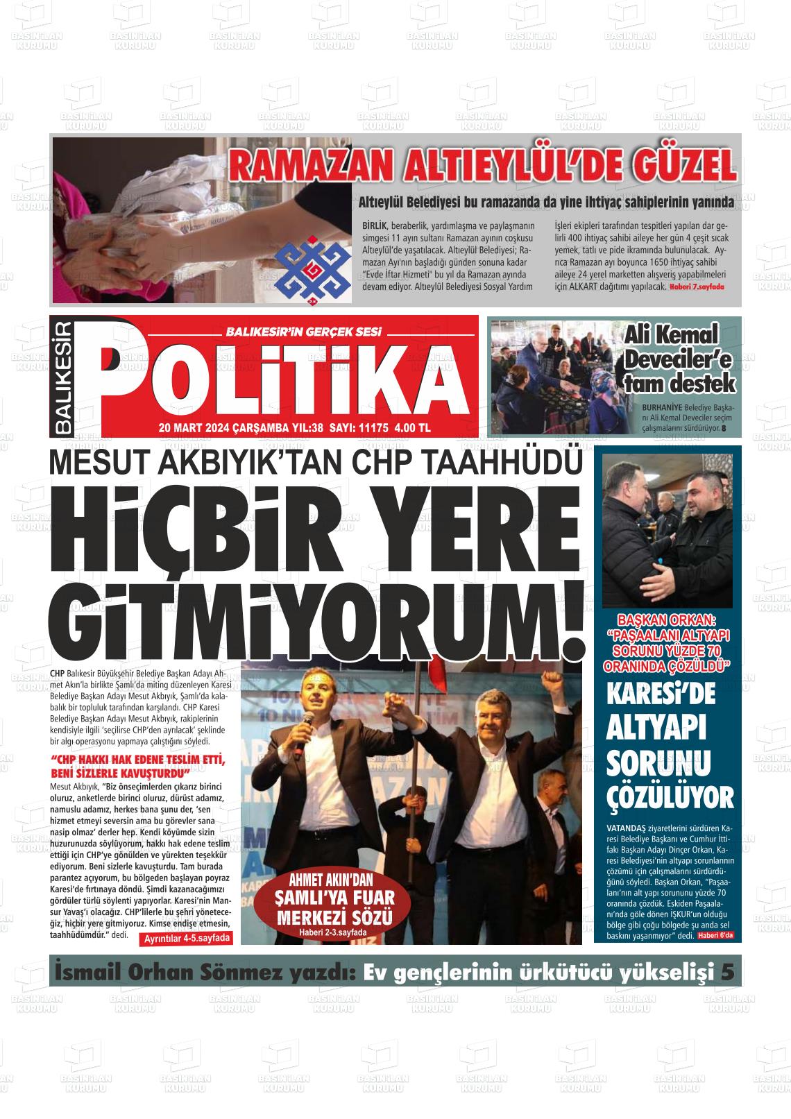 20 Mart 2024 Balıkesir Politika Gazete Manşeti