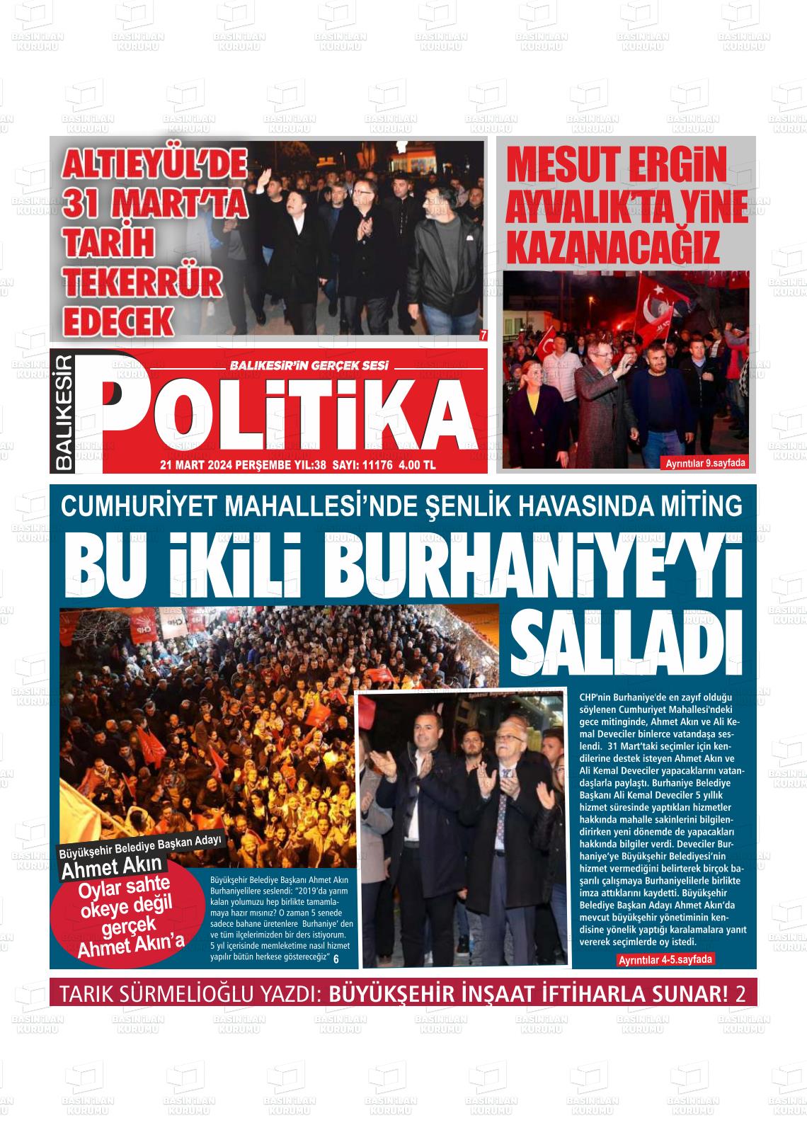 21 Mart 2024 Balıkesir Politika Gazete Manşeti