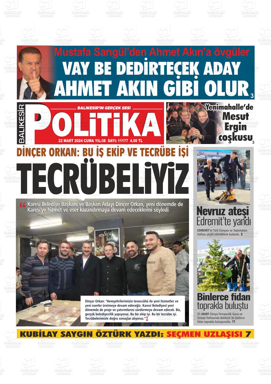 22 Mart 2024 Balıkesir Politika Gazete Manşeti