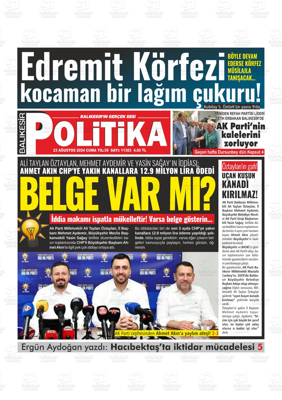 23 Ağustos 2024 Balıkesir Politika Gazete Manşeti