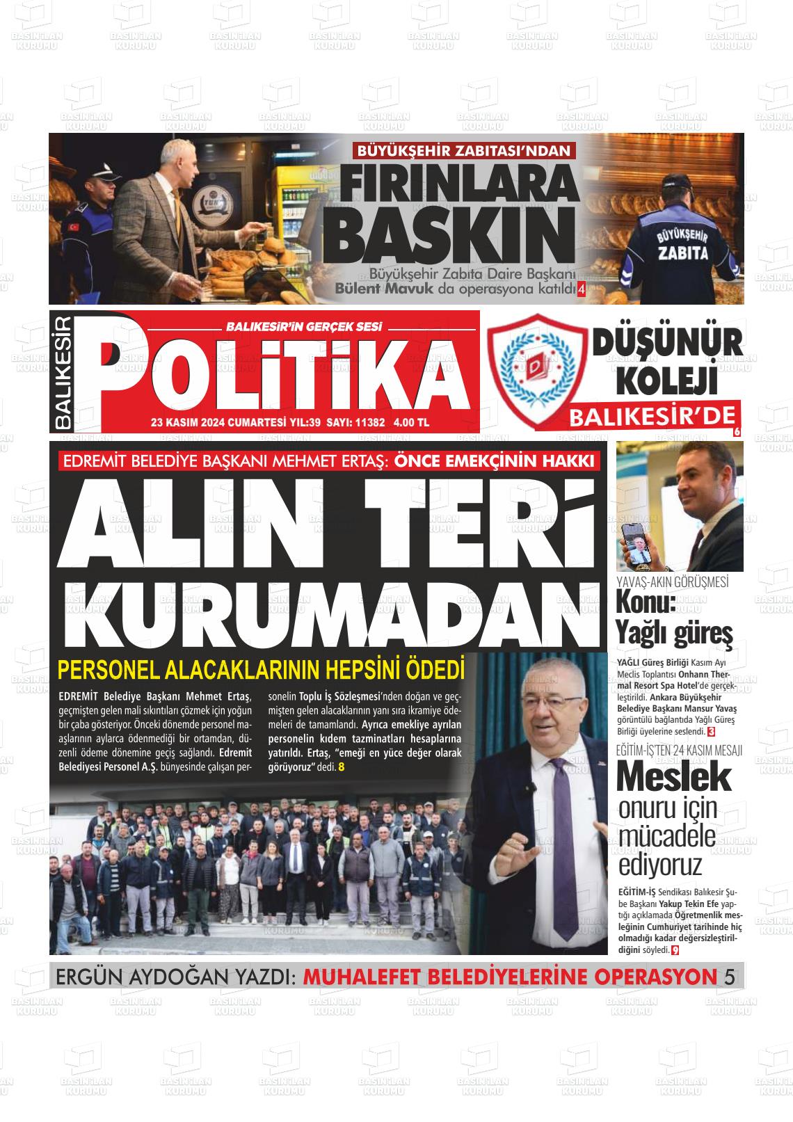 23 Kasım 2024 Balıkesir Politika Gazete Manşeti