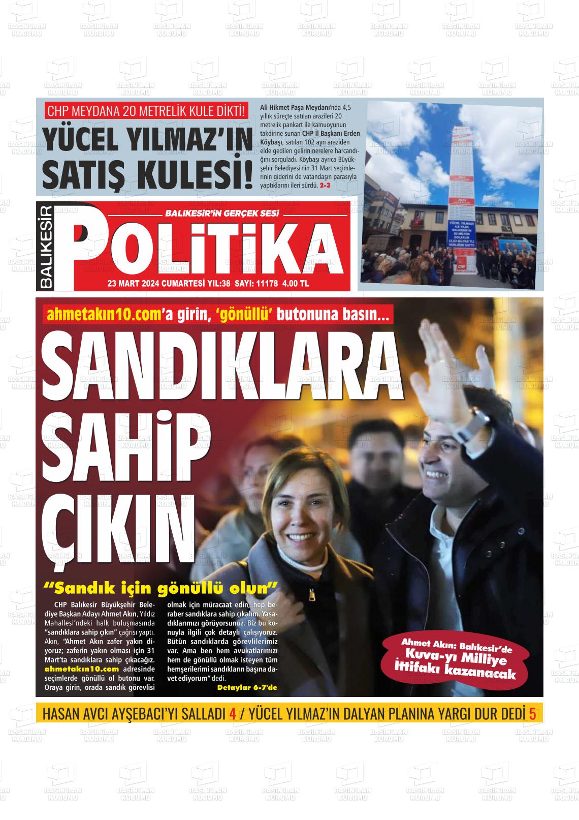 23 Mart 2024 Balıkesir Politika Gazete Manşeti