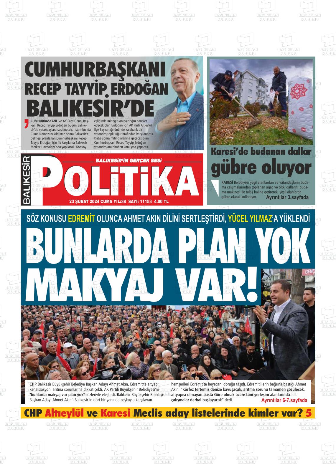 23 Şubat 2024 Balıkesir Politika Gazete Manşeti