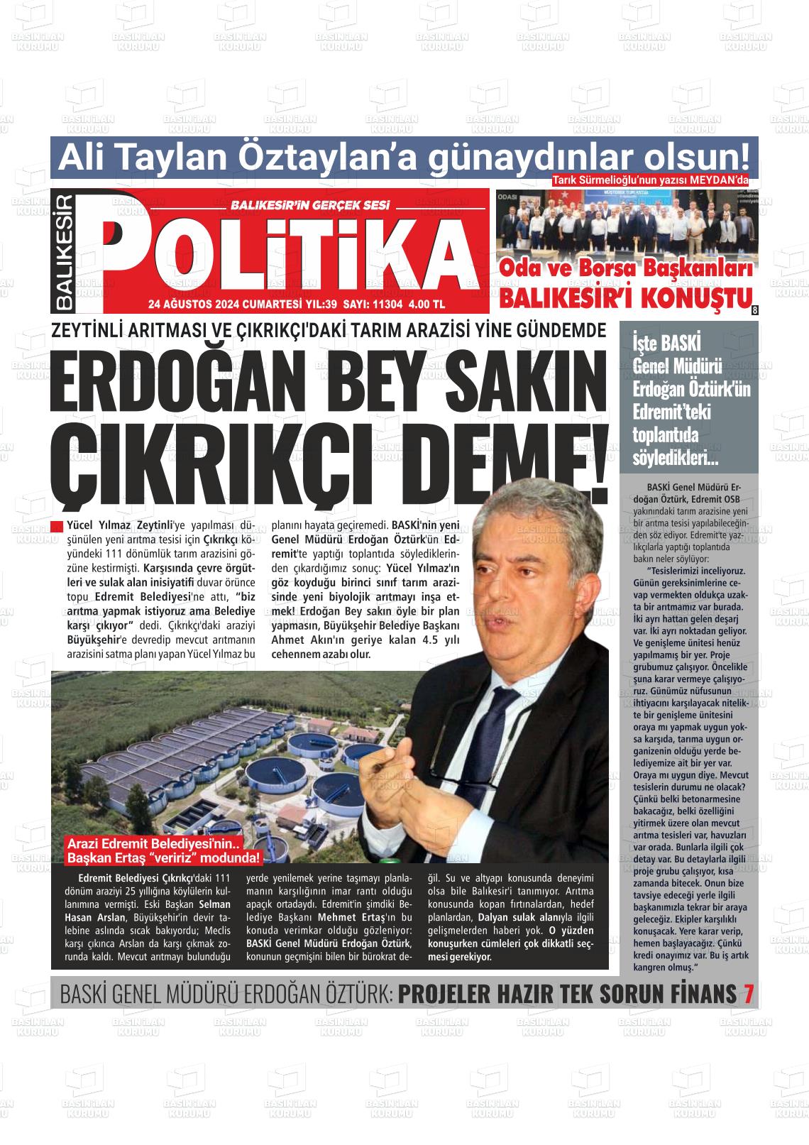 24 Ağustos 2024 Balıkesir Politika Gazete Manşeti