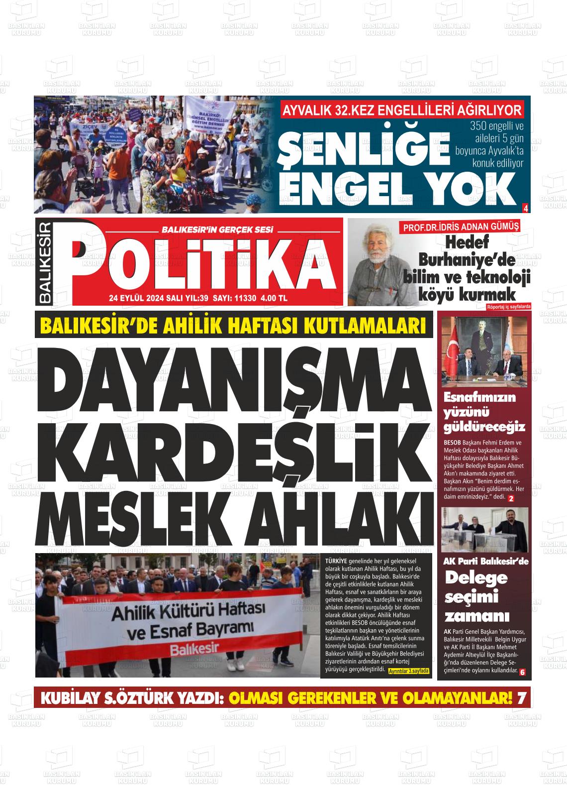 24 Eylül 2024 Balıkesir Politika Gazete Manşeti