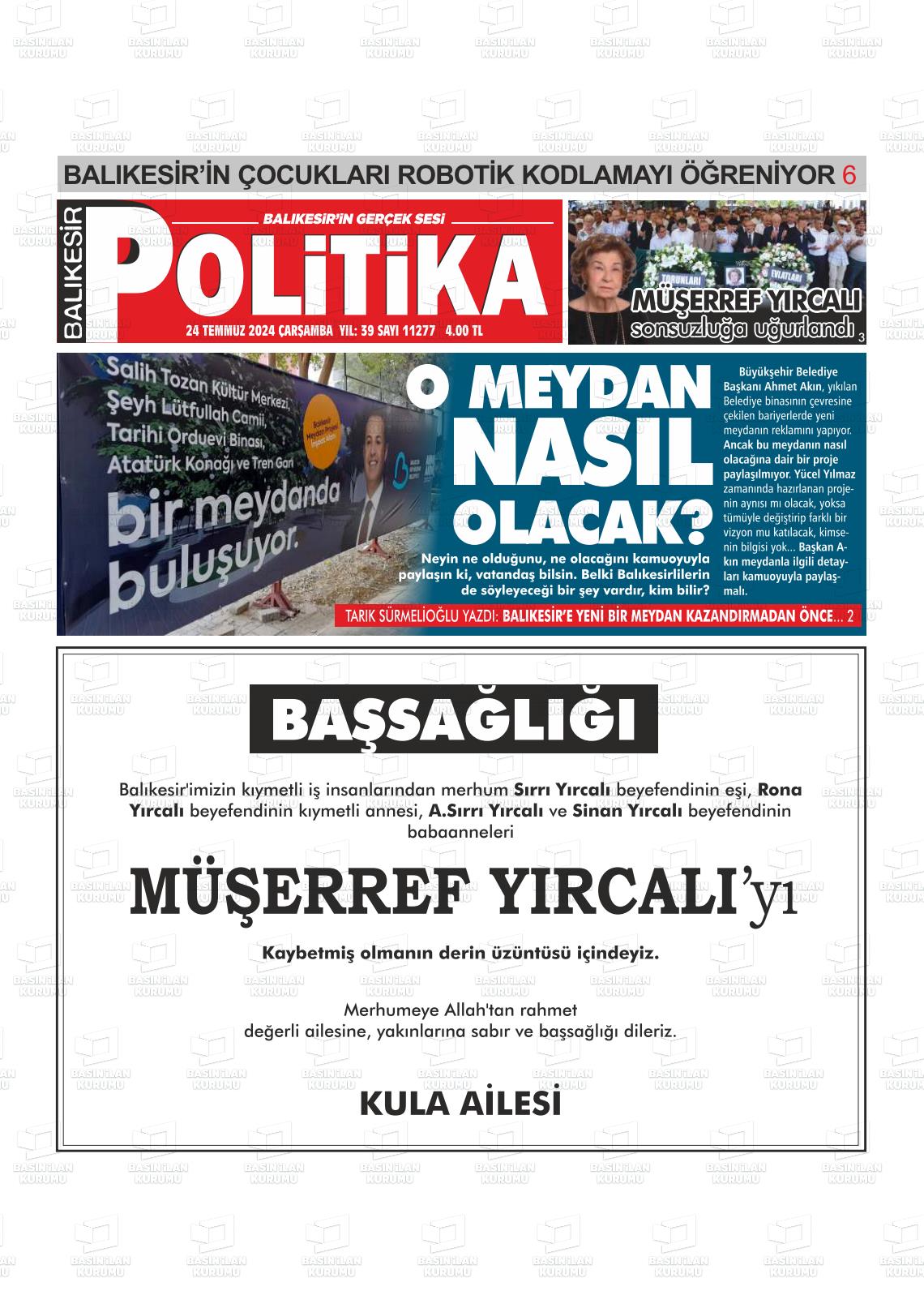 24 Temmuz 2024 Balıkesir Politika Gazete Manşeti