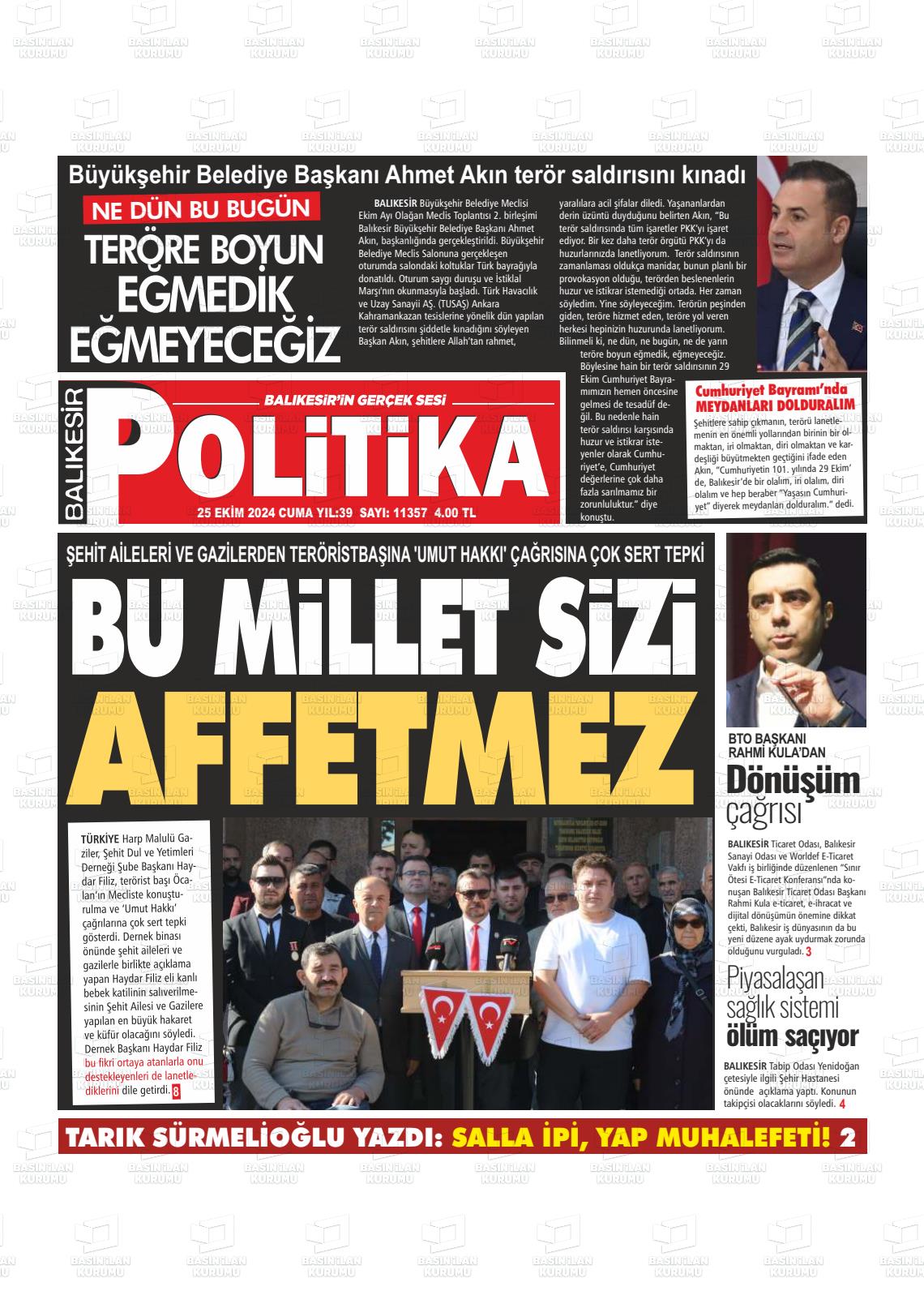 25 Ekim 2024 Balıkesir Politika Gazete Manşeti