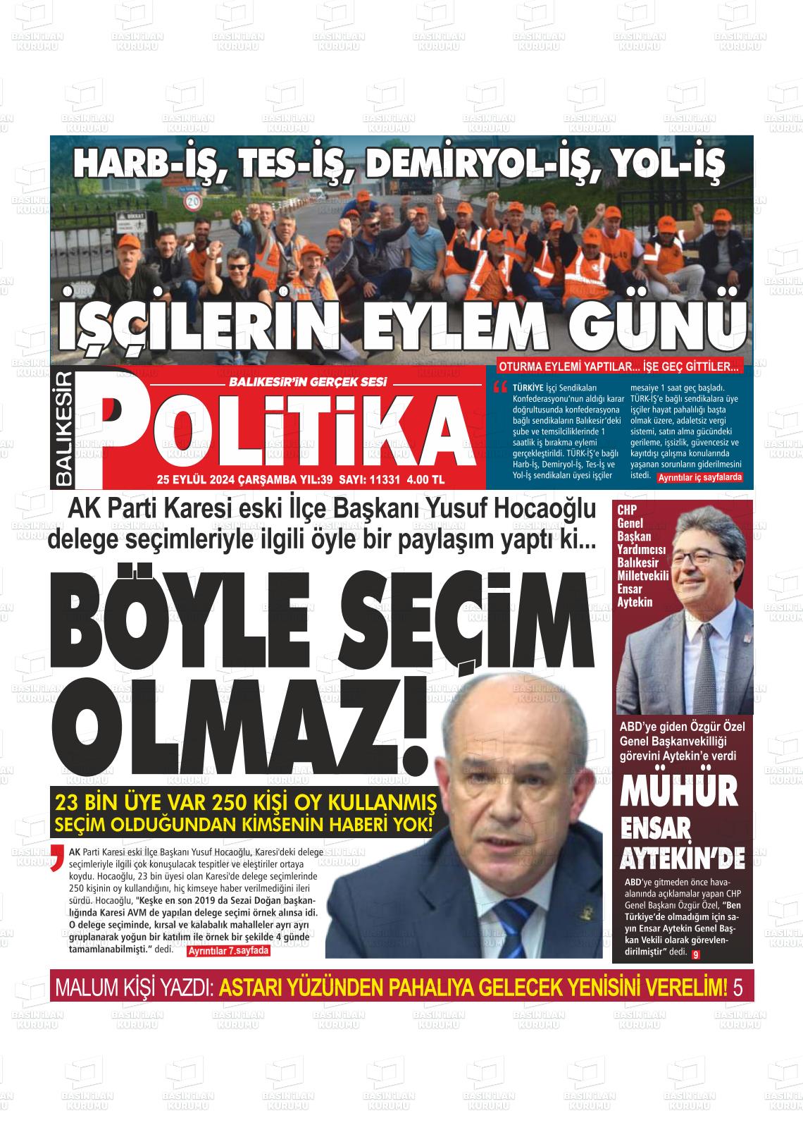 25 Eylül 2024 Balıkesir Politika Gazete Manşeti