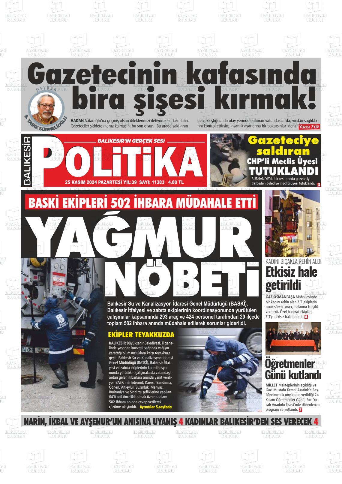 25 Kasım 2024 Balıkesir Politika Gazete Manşeti