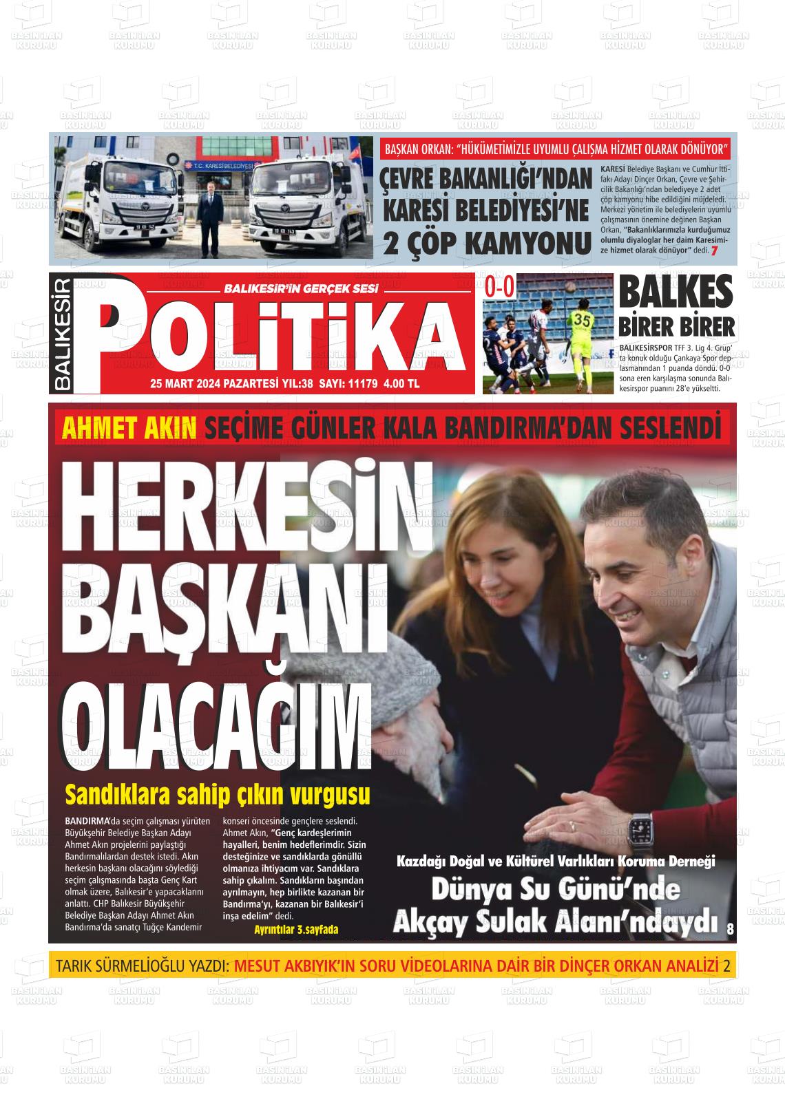 25 Mart 2024 Balıkesir Politika Gazete Manşeti