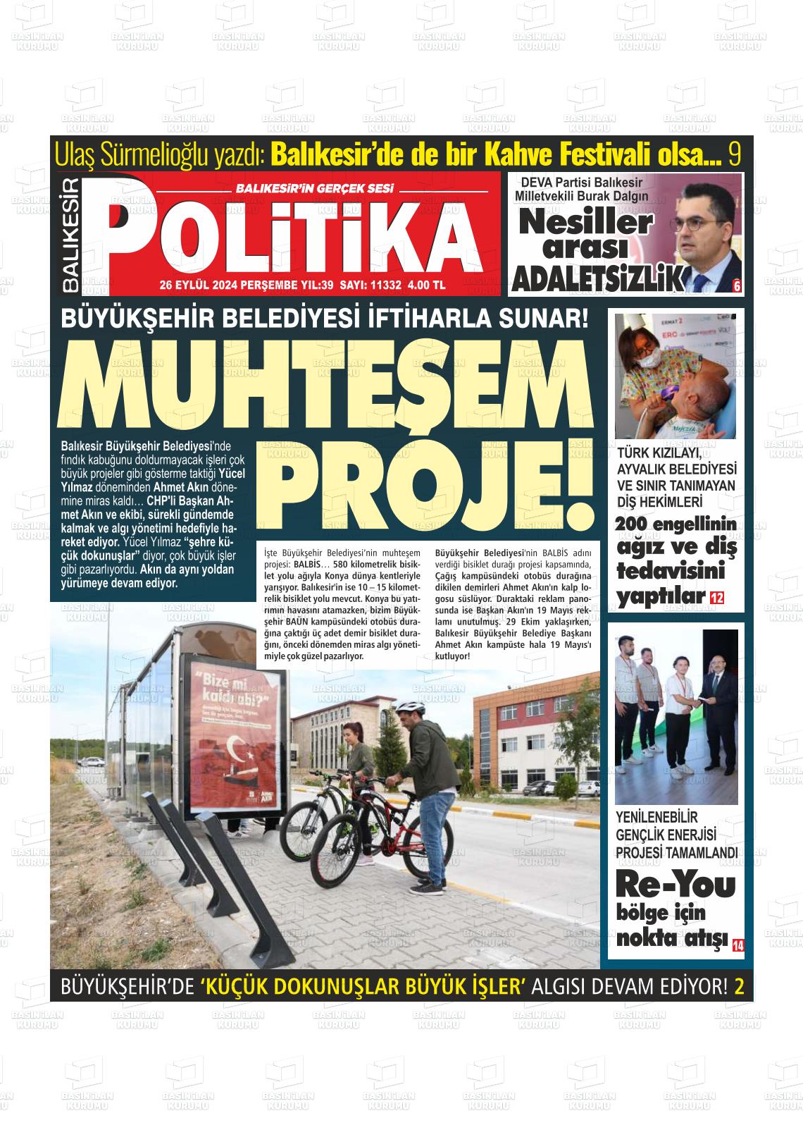 26 Eylül 2024 Balıkesir Politika Gazete Manşeti