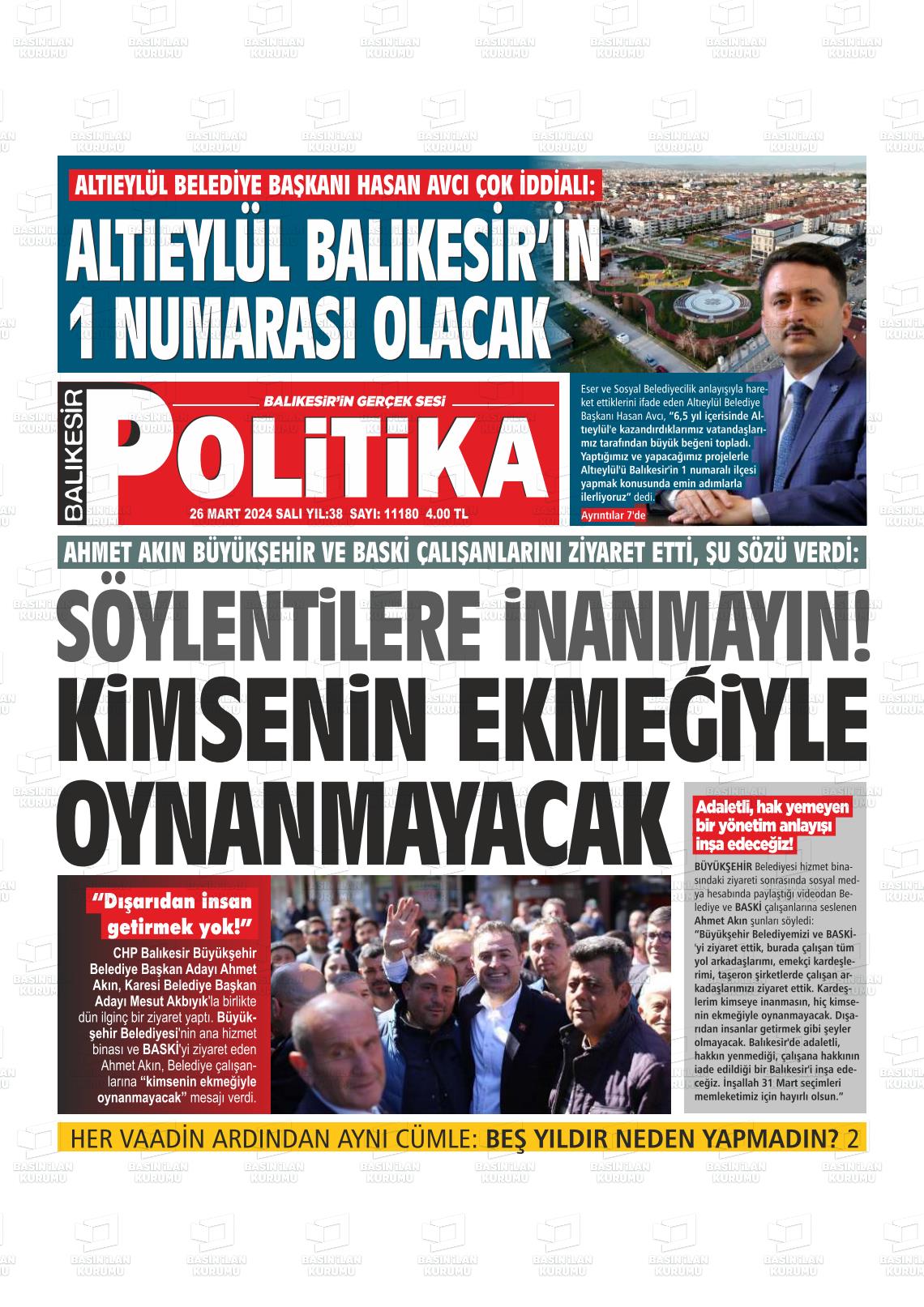 26 Mart 2024 Balıkesir Politika Gazete Manşeti