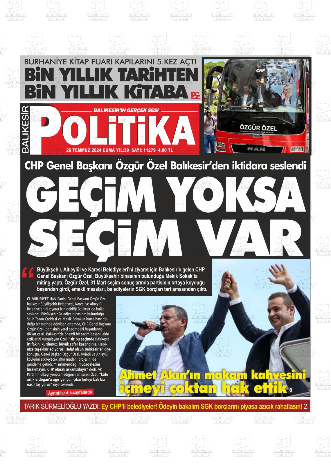 27 Temmuz 2024 Balıkesir Politika Gazete Manşeti