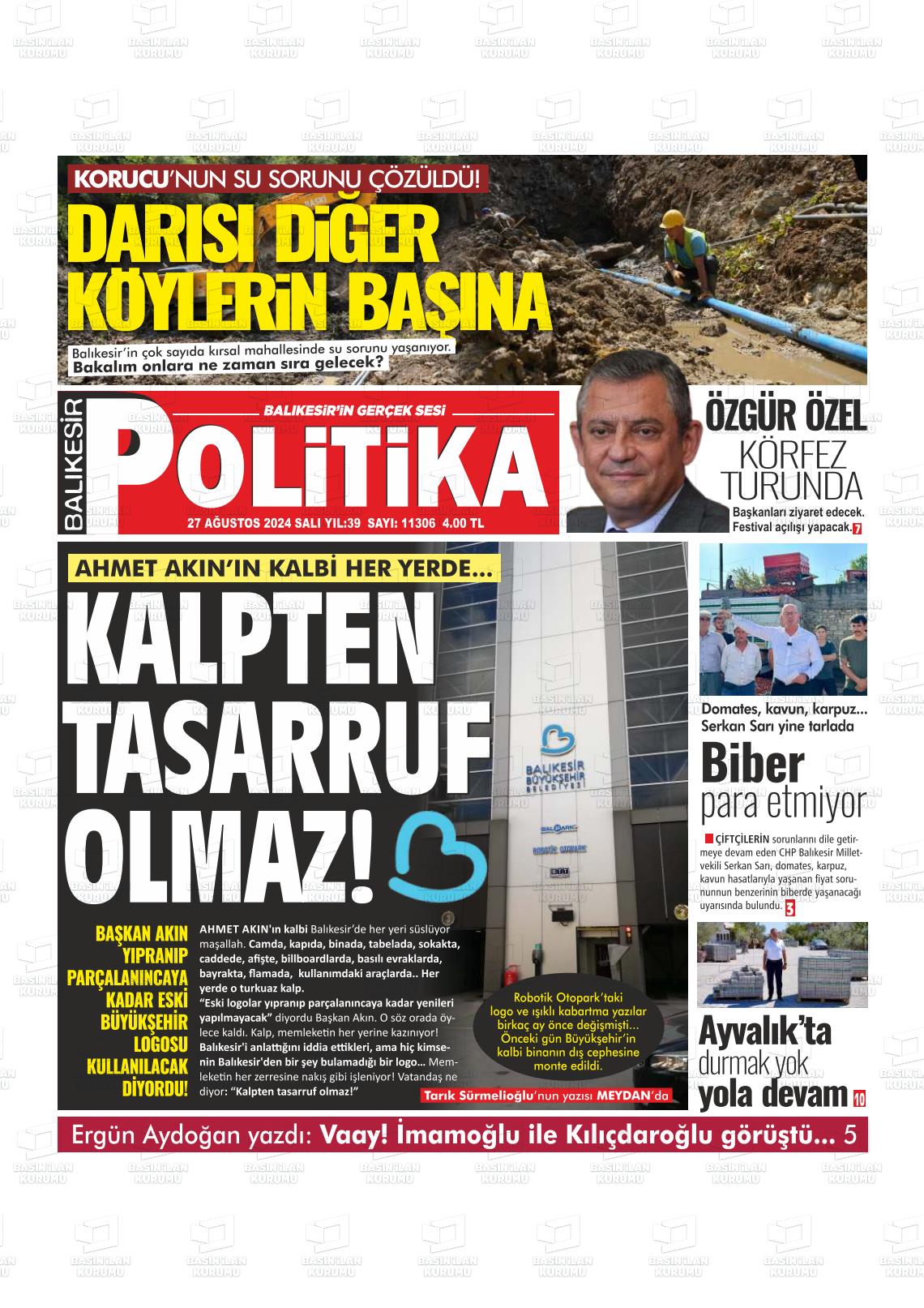 27 Ağustos 2024 Balıkesir Politika Gazete Manşeti