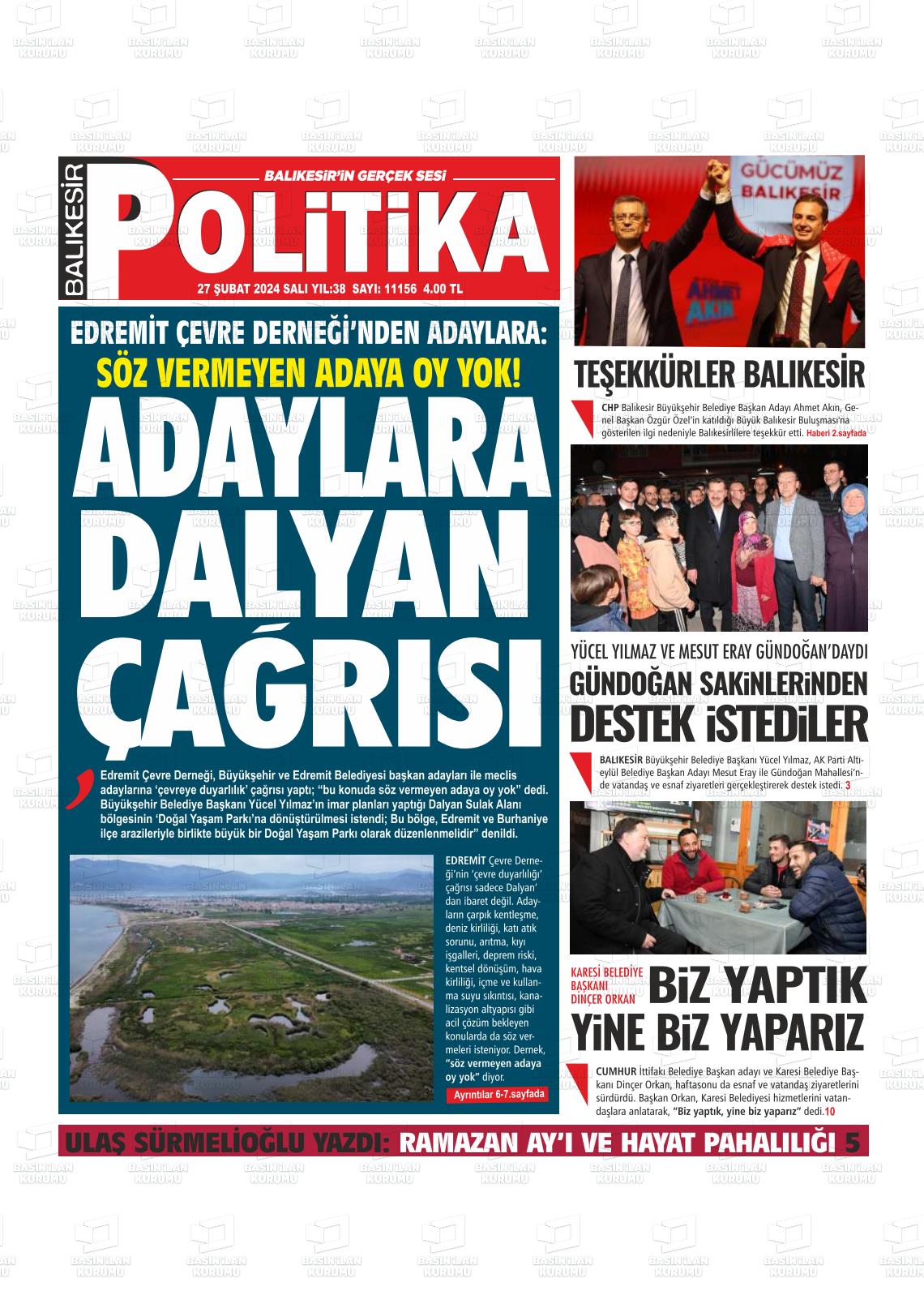 27 Şubat 2024 Balıkesir Politika Gazete Manşeti