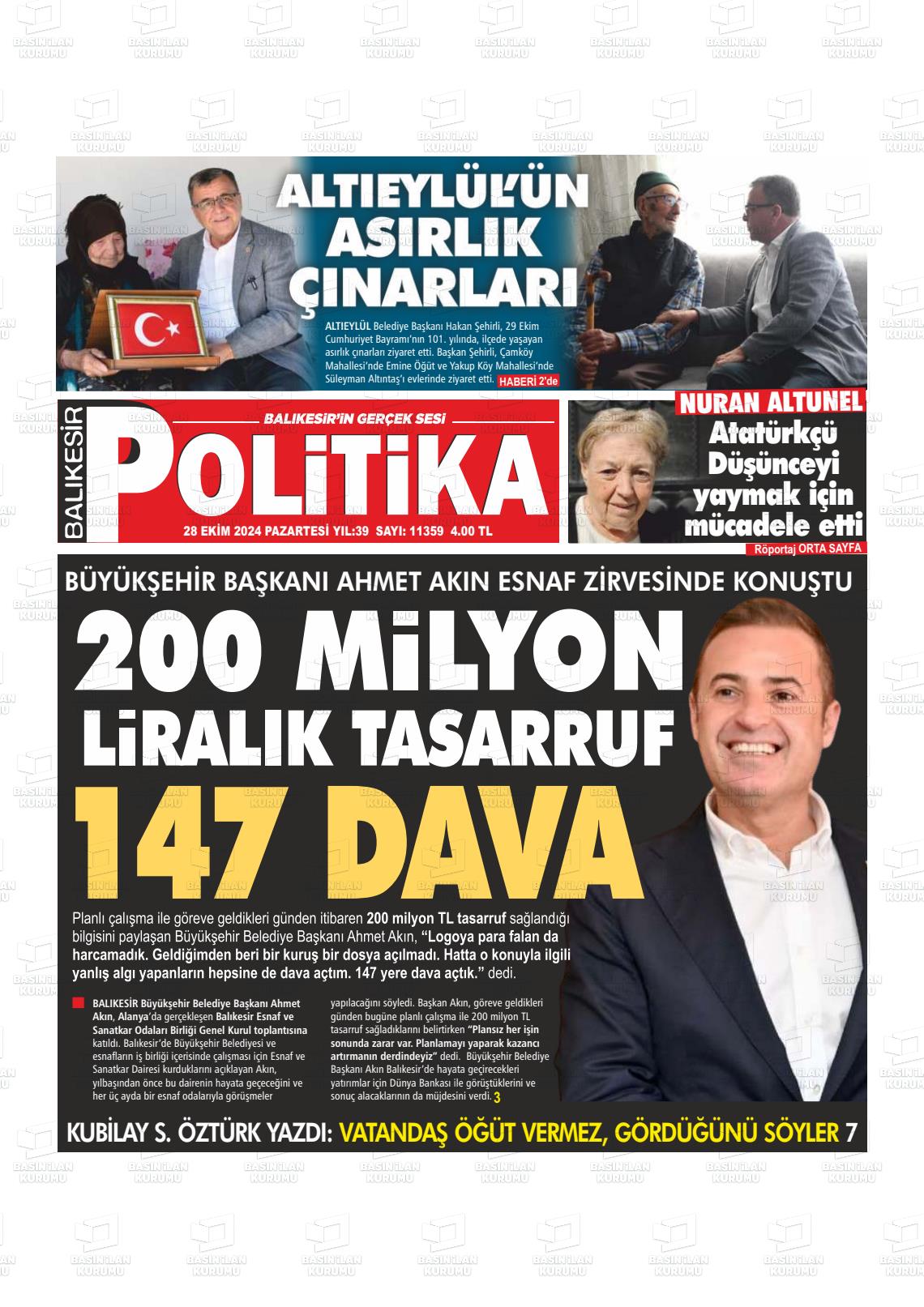 28 Ekim 2024 Balıkesir Politika Gazete Manşeti