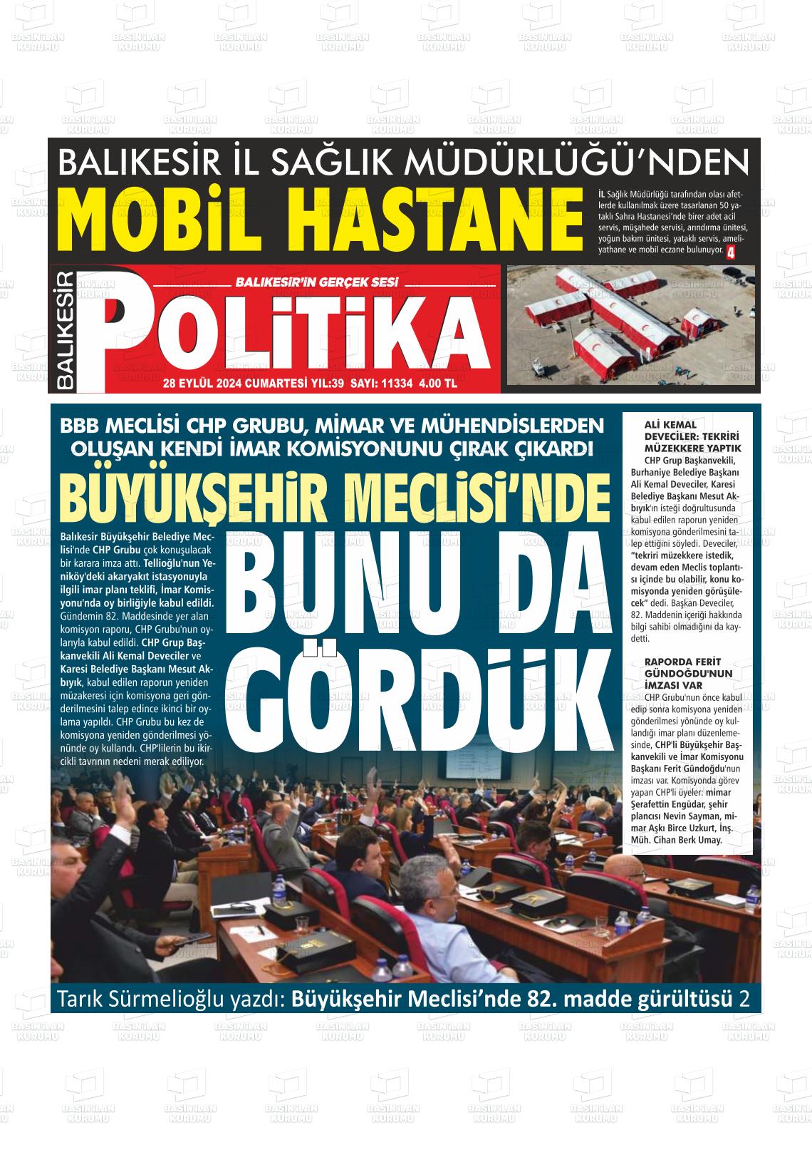 28 Eylül 2024 Balıkesir Politika Gazete Manşeti