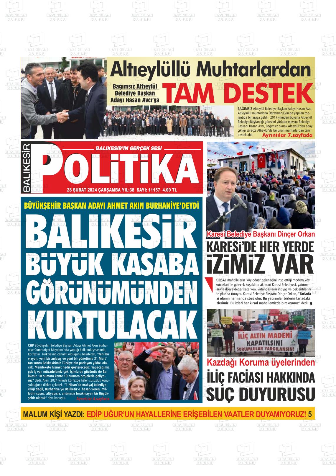 28 Şubat 2024 Balıkesir Politika Gazete Manşeti