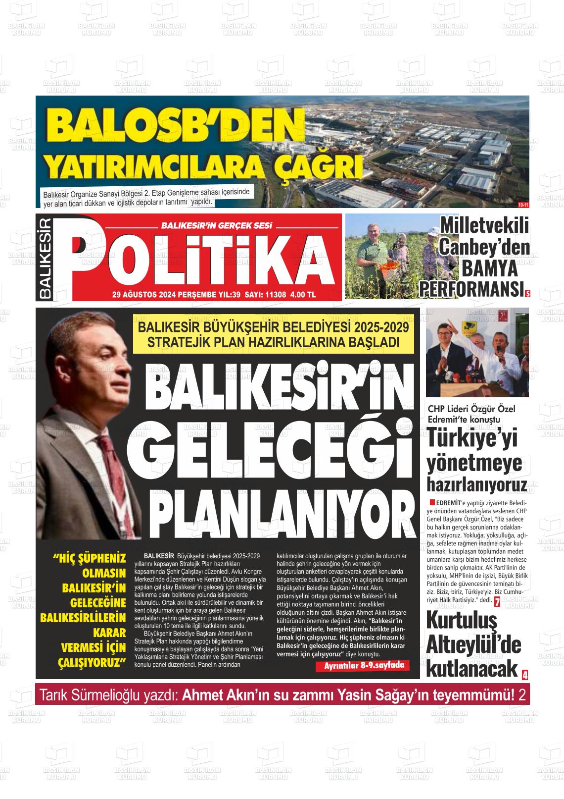 29 Ağustos 2024 Balıkesir Politika Gazete Manşeti