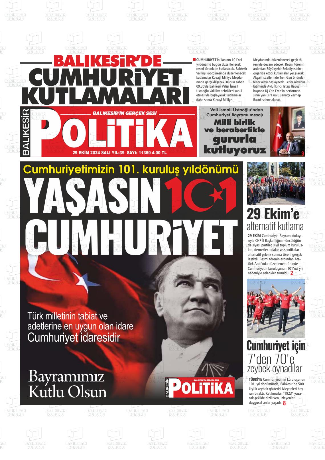 29 Ekim 2024 Balıkesir Politika Gazete Manşeti