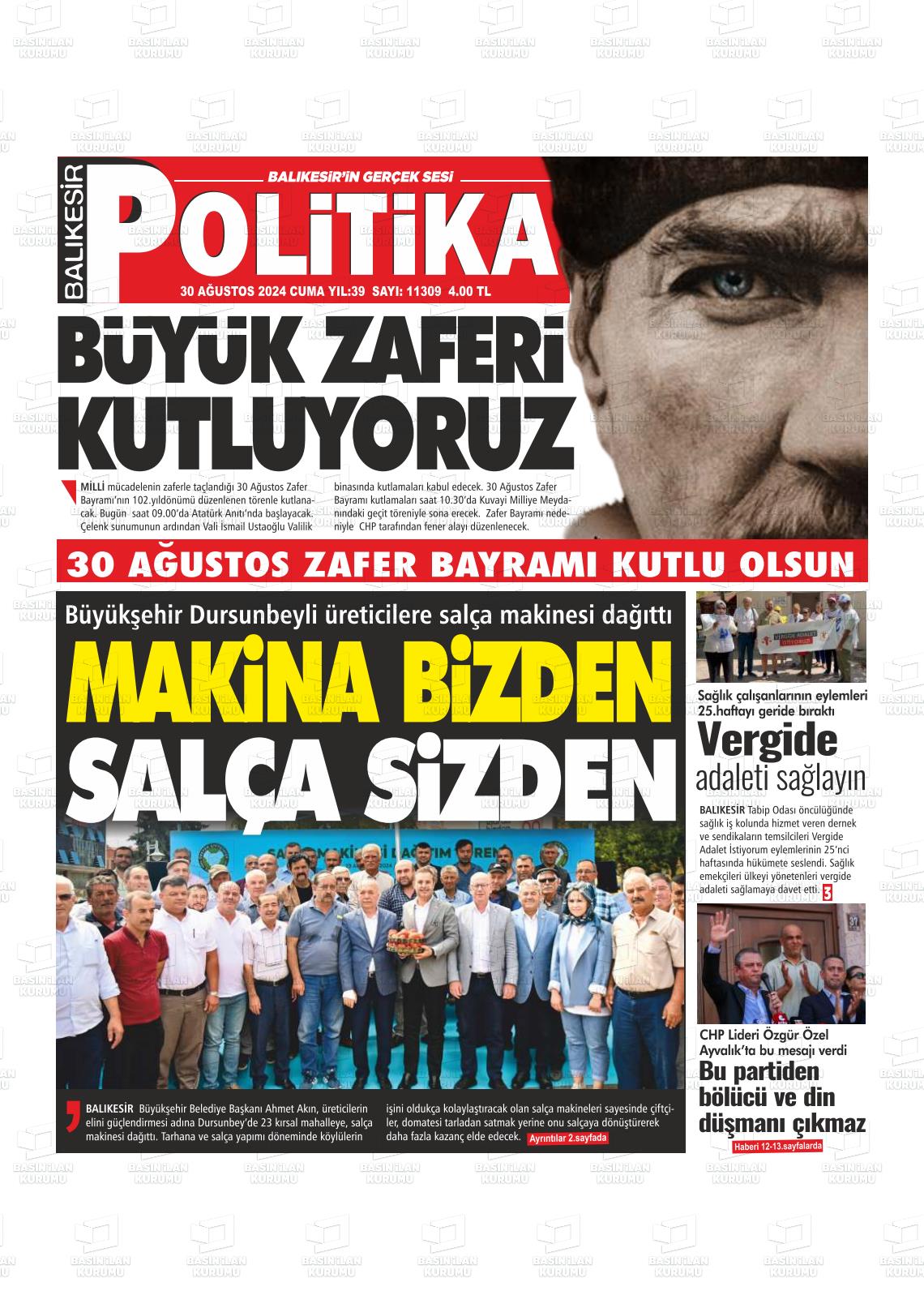 30 Ağustos 2024 Balıkesir Politika Gazete Manşeti