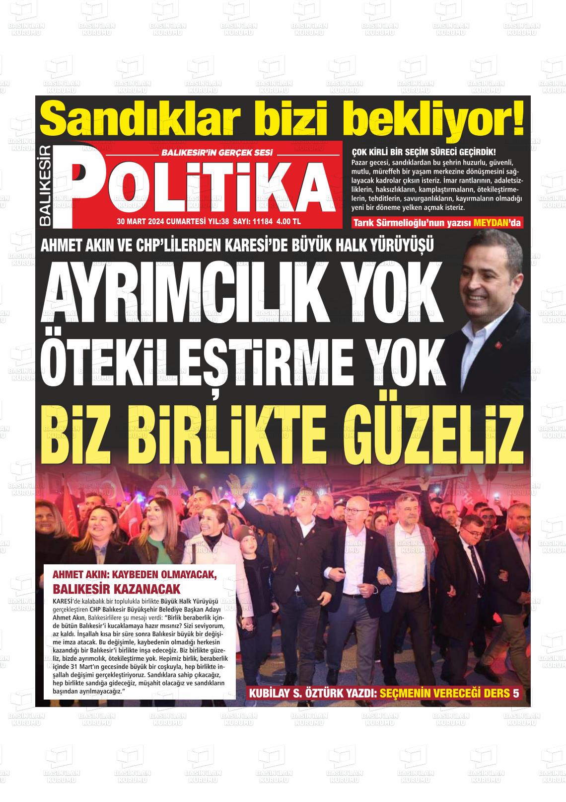 30 Mart 2024 Balıkesir Politika Gazete Manşeti