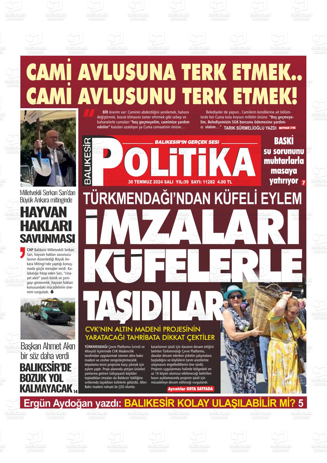 30 Temmuz 2024 Balıkesir Politika Gazete Manşeti