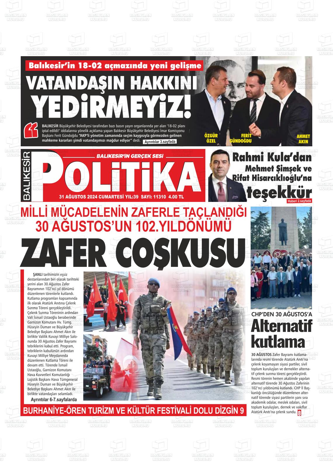 31 Ağustos 2024 Balıkesir Politika Gazete Manşeti