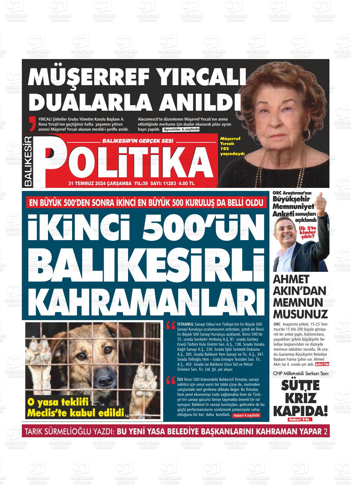 31 Temmuz 2024 Balıkesir Politika Gazete Manşeti