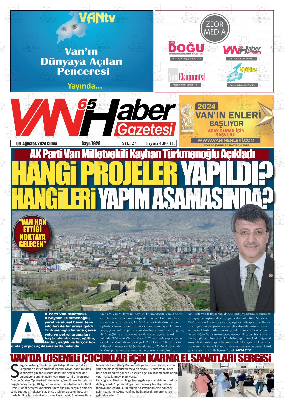 09 Ağustos 2024 Van Prestij Gazete Manşeti