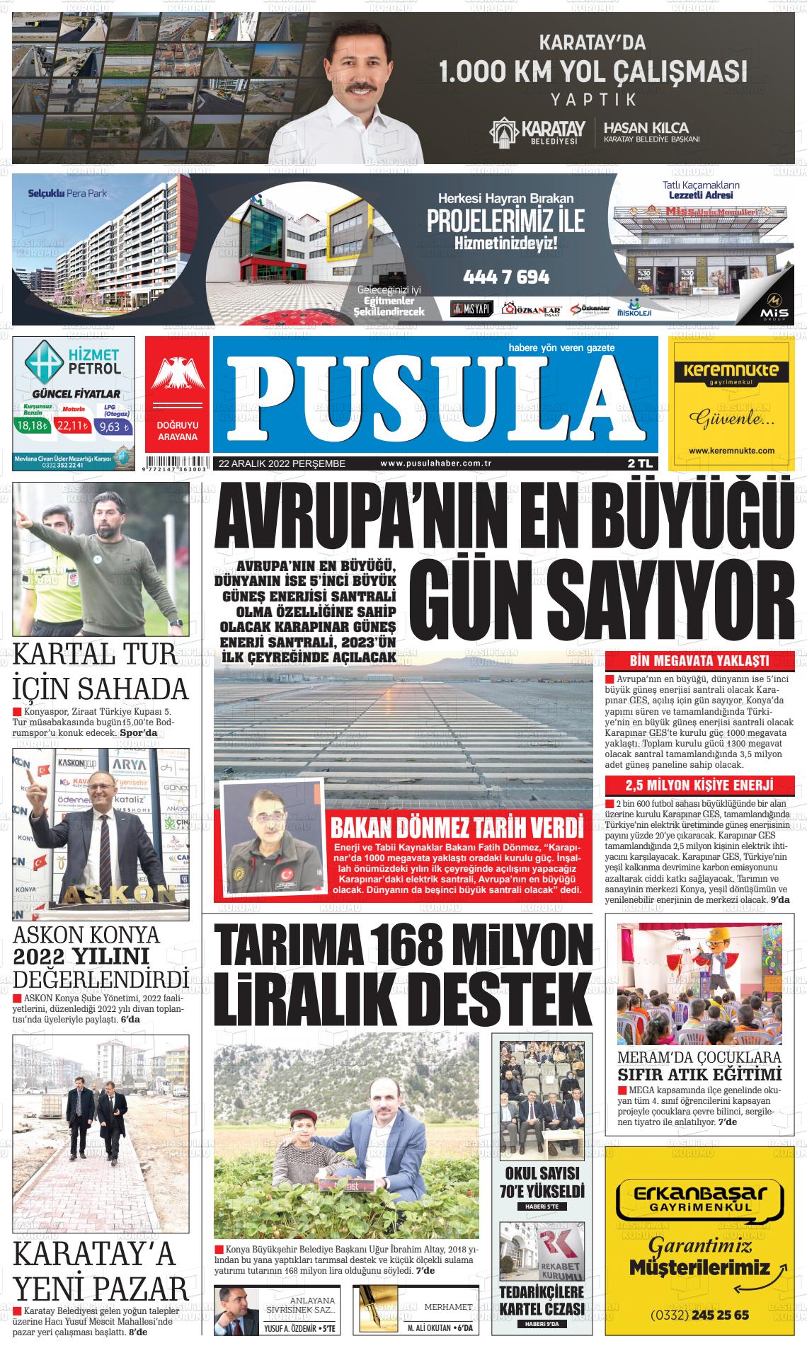 22 Aralık 2022 Pusula Haber Gazete Manşeti