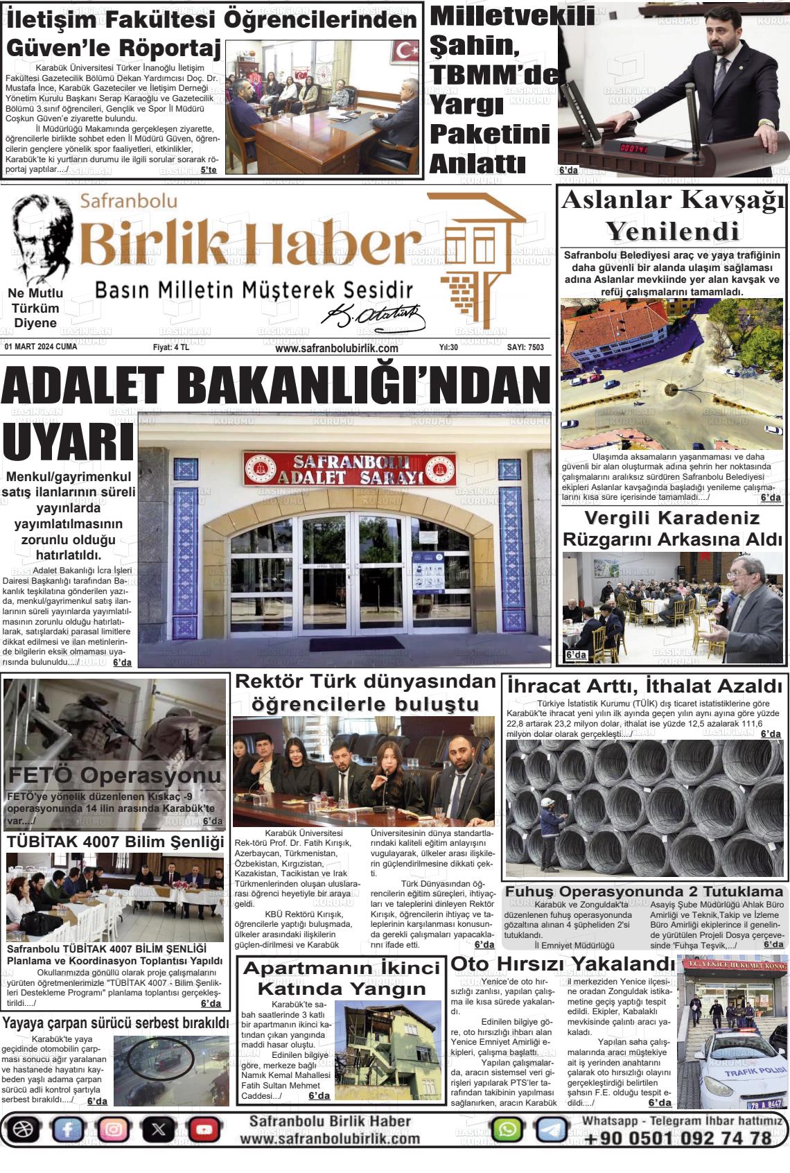 01 Mart 2024 Safranboluda Sonsöz Gazete Manşeti