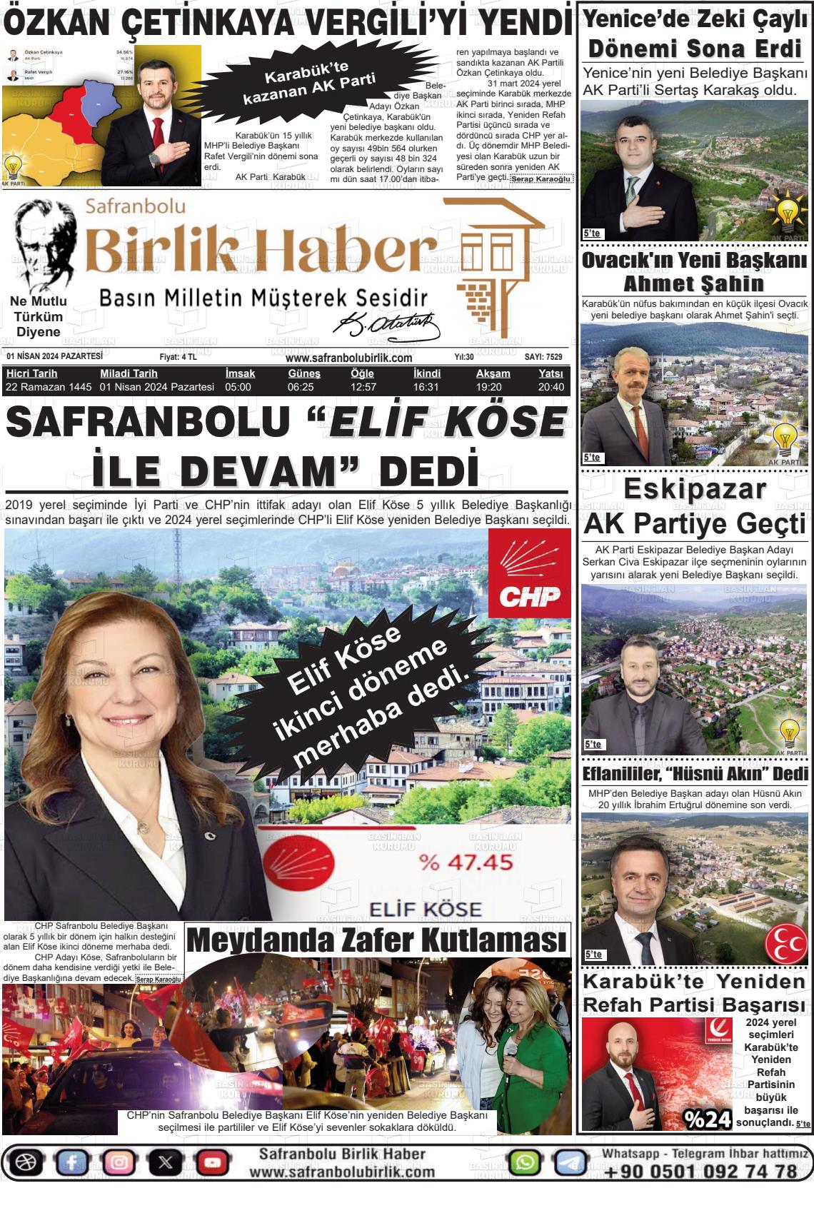 01 Nisan 2024 Safranboluda Sonsöz Gazete Manşeti