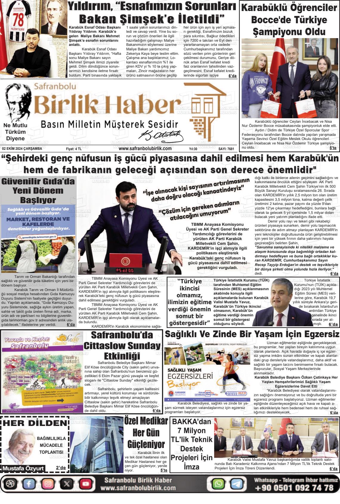 02 Ekim 2024 Safranboluda Sonsöz Gazete Manşeti