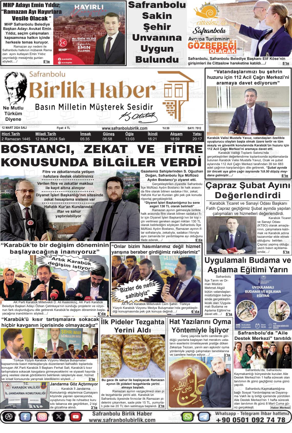 12 Mart 2024 Safranboluda Sonsöz Gazete Manşeti