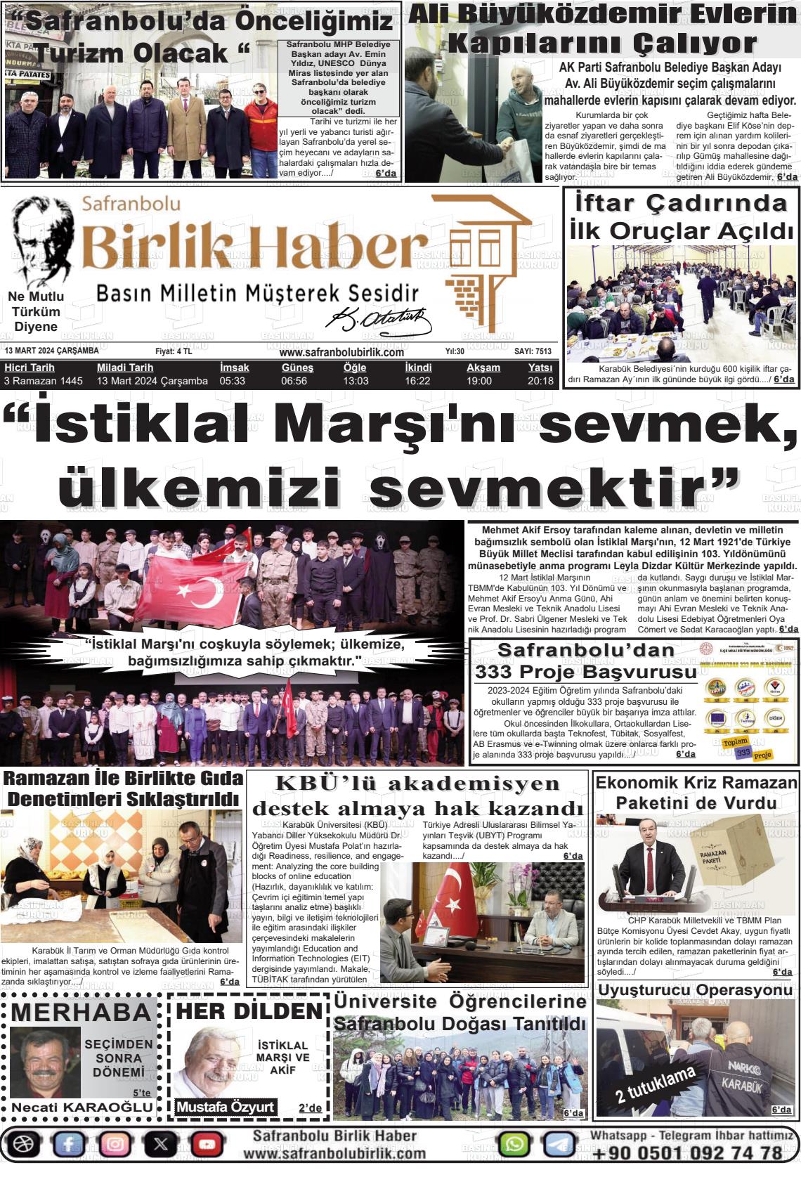 13 Mart 2024 Safranboluda Sonsöz Gazete Manşeti