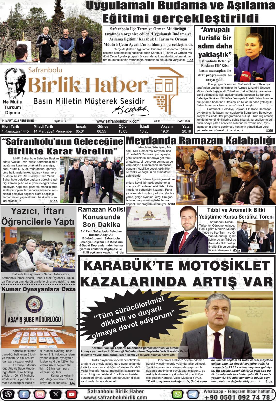 14 Mart 2024 Safranboluda Sonsöz Gazete Manşeti