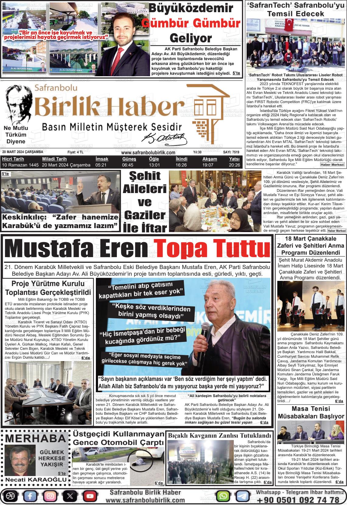 20 Mart 2024 Safranboluda Sonsöz Gazete Manşeti