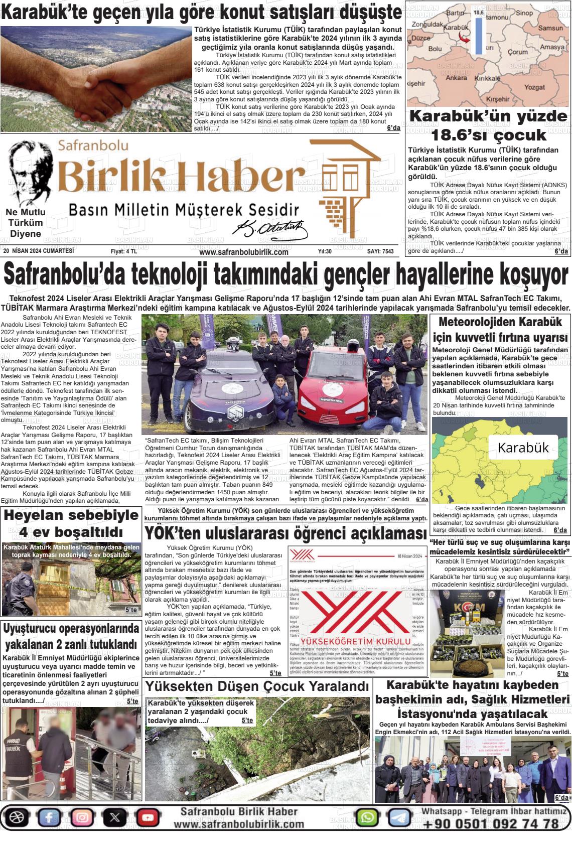 20 Nisan 2024 Safranboluda Sonsöz Gazete Manşeti
