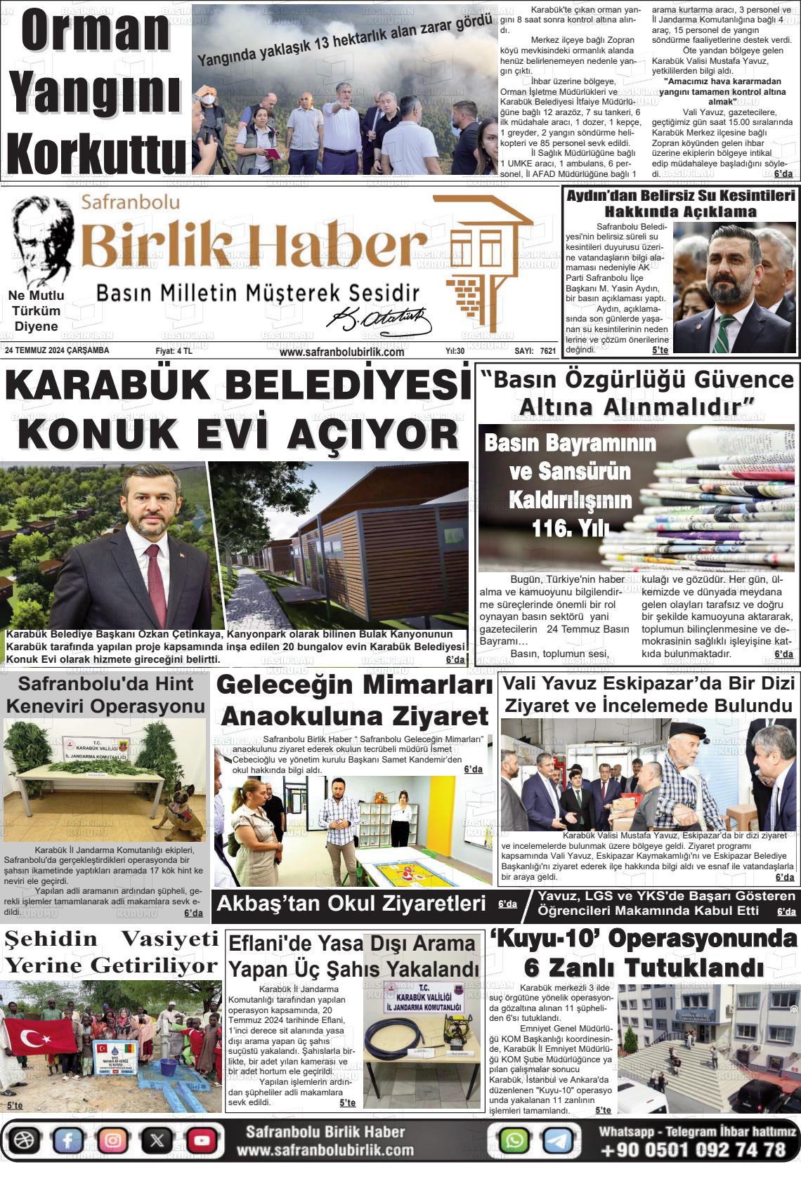 24 Temmuz 2024 Safranboluda Sonsöz Gazete Manşeti