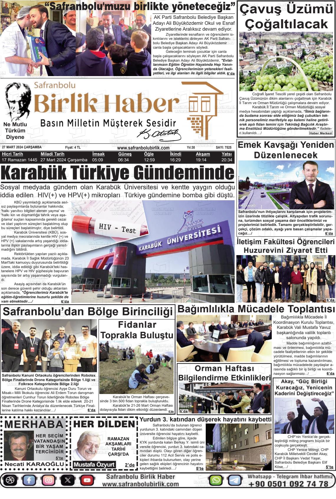 27 Mart 2024 Safranboluda Sonsöz Gazete Manşeti