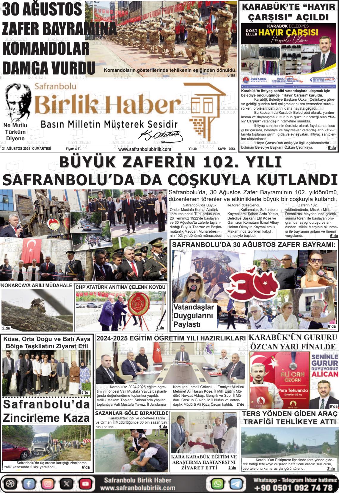 31 Ağustos 2024 Safranboluda Sonsöz Gazete Manşeti