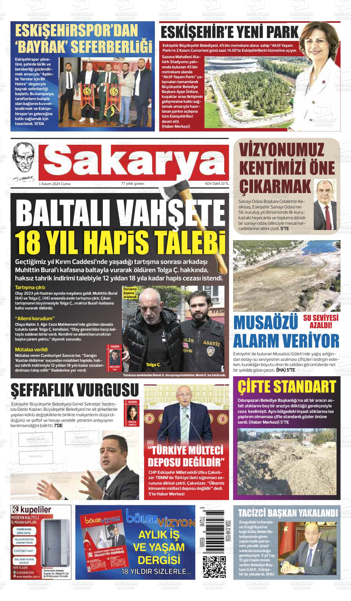 01 Kasım 2024 Sakarya Gazete Manşeti