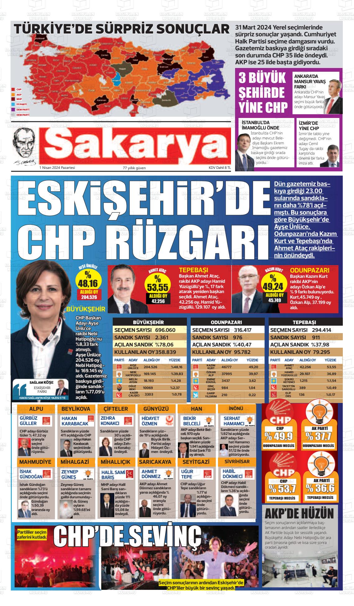 01 Nisan 2024 Sakarya Gazete Manşeti