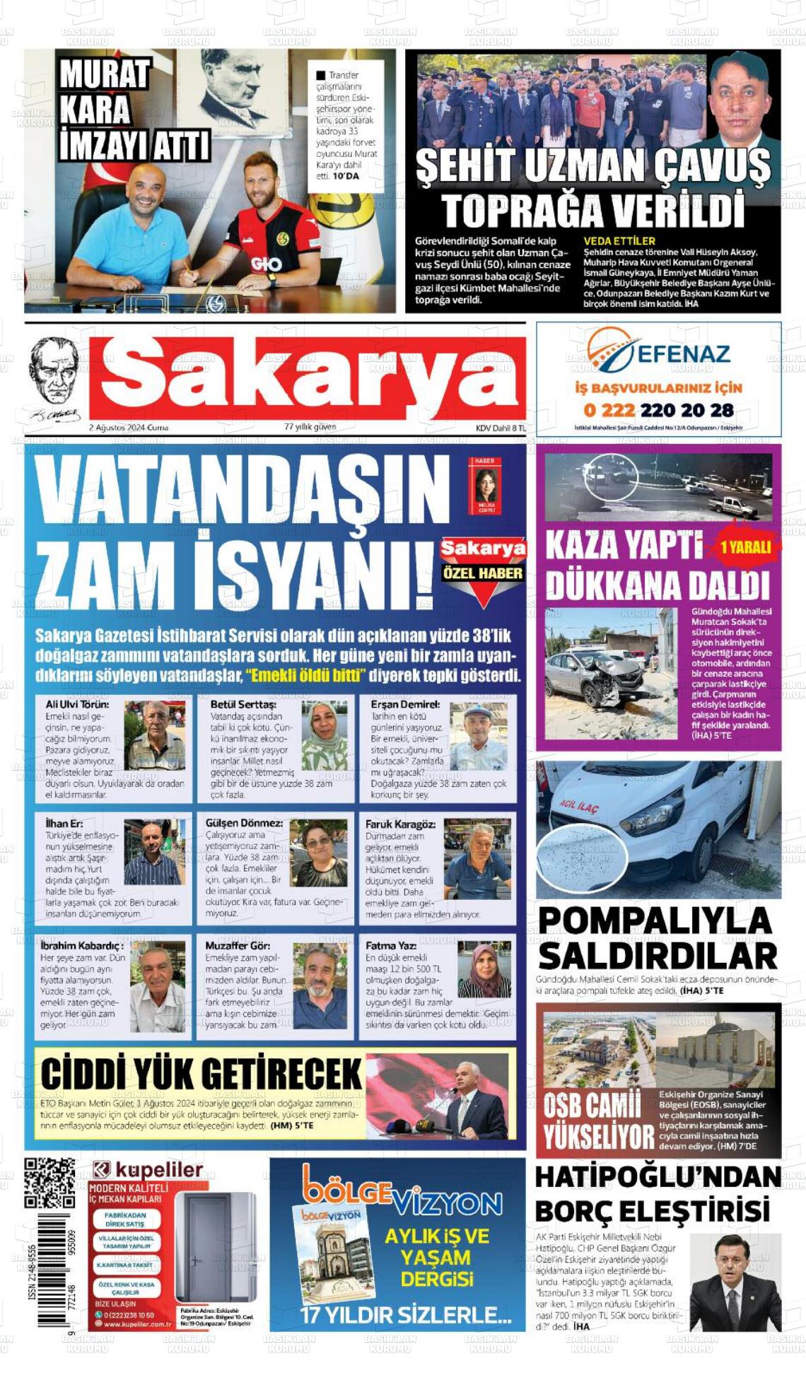 02 Ağustos 2024 Sakarya Gazete Manşeti