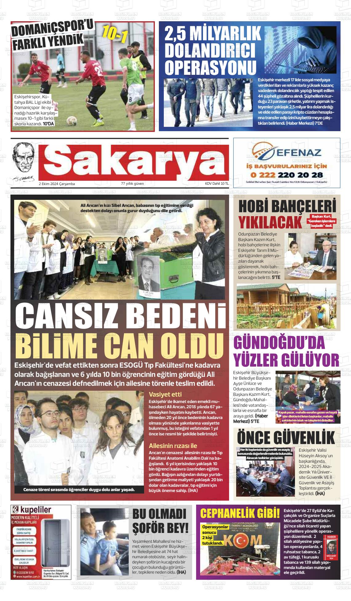 02 Ekim 2024 Sakarya Gazete Manşeti