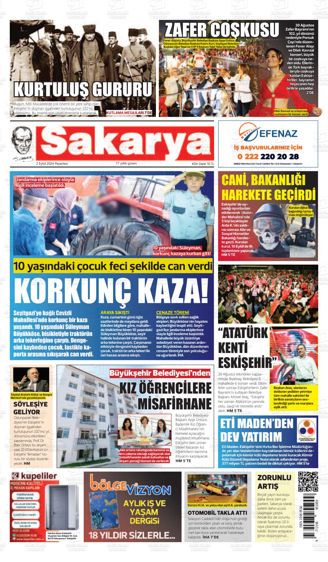 02 Eylül 2024 Sakarya Gazete Manşeti